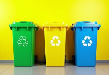 Colorful Recycling Bins for Environmental Awareness: Green, Yellow, Blue in Sharp UHD Quality, Ultra HD Sustainable Design Concept