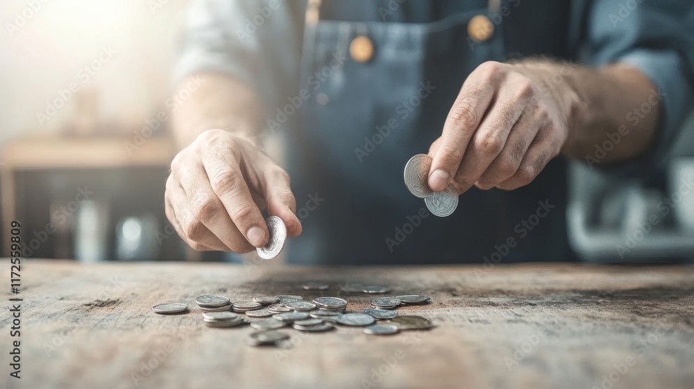 Poster close-up of a person’s hands counting and organizing coins on a wooden table in a softly lit setting