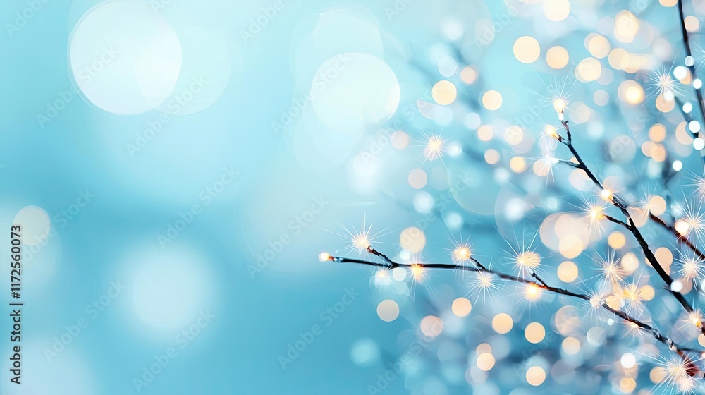 Poster Glitter abstract background concept. Beautiful blurred background of branches with soft glowing lights and blue hues.