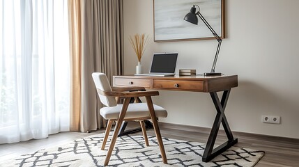 Modern Home Office Workspace Featuring Wooden Desk and Chair