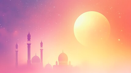 Mosque Silhouette Against A Sunset Sky With A Full Moon