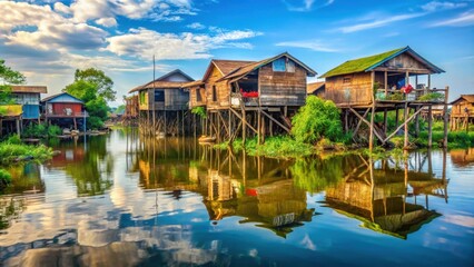 Obraz premium Traditional Kompong Khleang floating village on Tonle Sap Lake with wooden stilt houses and lush green vegetation, traditional housing, floating village
