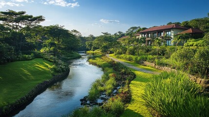 Fototapeta premium Serene Riverfront Resort in Lush Tropical Paradise: Tranquil Getaway with Stunning Views