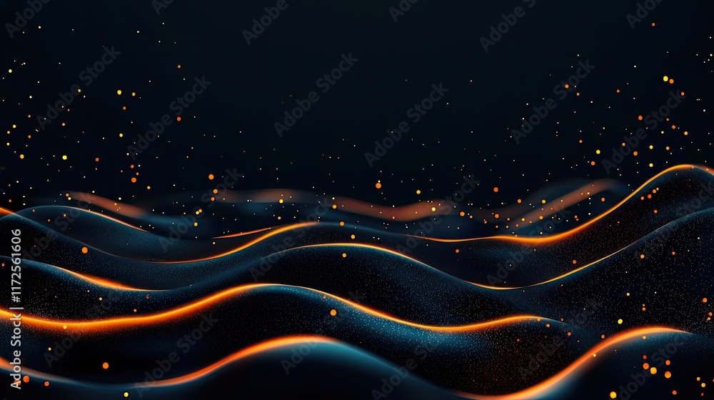Poster glitter abstract background concept. abstract waves with glowing orange highlights on a dark backgro