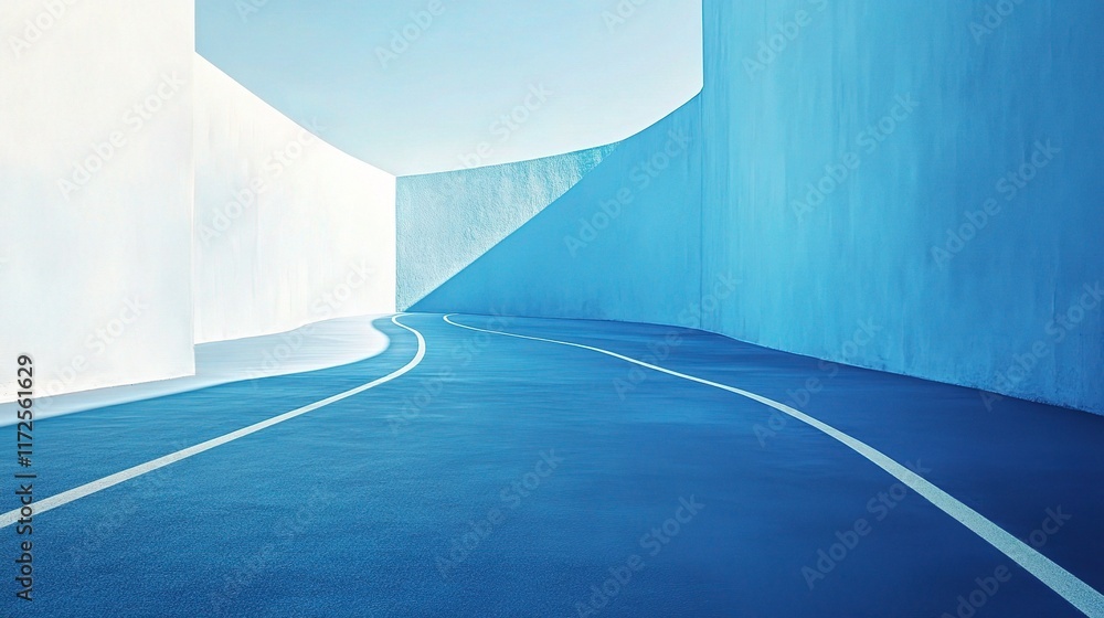 Poster blue running track in abstract space with smooth curves and lines
