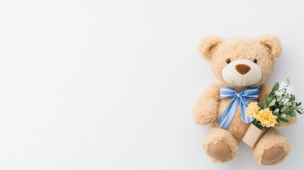 Obraz premium Adorable Teddy Bear with Blue Bow Holding Colorful Floral Bouquet on Soft White Background - Perfect for Gifts and Celebrations