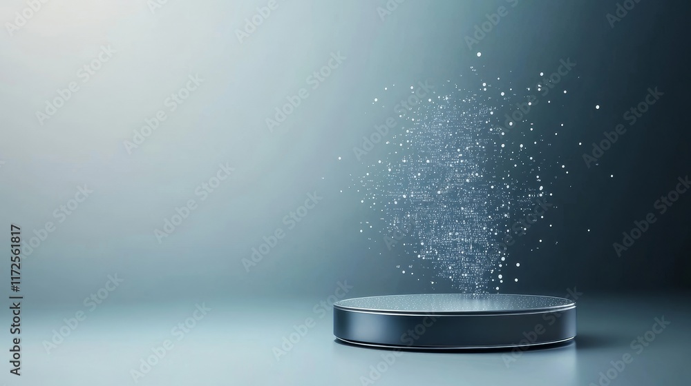 Poster abstract representation of particles emanating from a circular platform, creating a mystical and eth