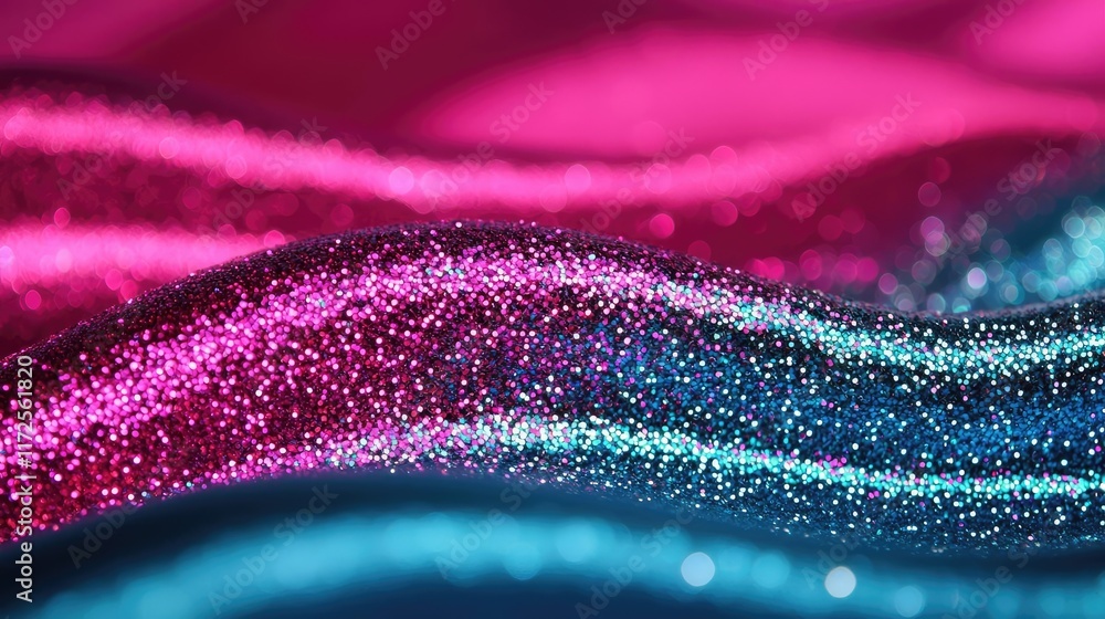 Poster glitter abstract background concept. colorful waves of sparkling fabric shimmer in vibrant pink and 