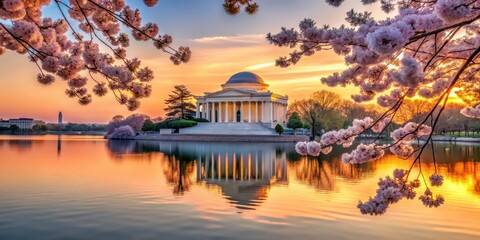 Obraz premium Detailed scene of the Jefferson Memorial at sunset with blooming cherry blossoms and reflections on the Tidal Basin, architecture, jefferson memorial