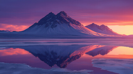 Fototapeta premium Snowy mountain range reflecting in icy lake at sunset