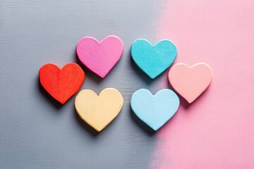 Fototapeta premium Colorful wooden hearts arranged on a surface, symbolizing love and affection.