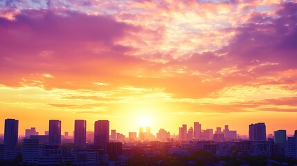 Obraz premium Cityscape at Sunset: The silhouette of a city skyline is dramatically framed against a vibrant sunset, painted with hues of orange, pink, and purple, as the sun dips towards the horizon.