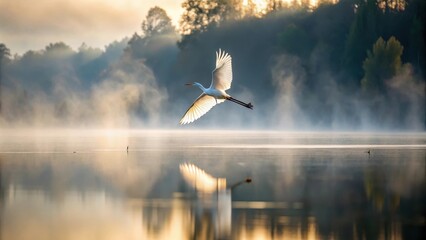 Obraz premium Whiteshadow glides across misty lake, morning serenity, bird in motion