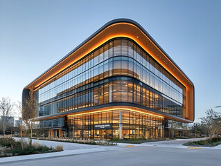 Modern glass office building with warm lighting at dusk.
