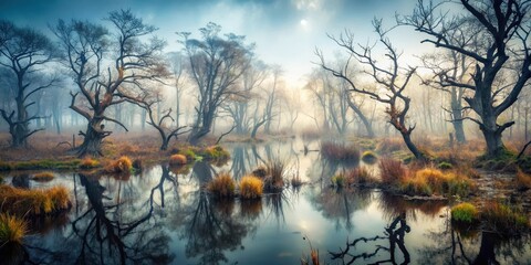 A dense, misty swamp in autumn with twisted trees and overgrown vegetation, creating an eerie atmosphere , dark, creepy,  dark