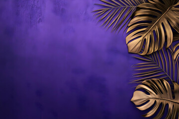 Golden Tropical Leaves on Purple 3D Background