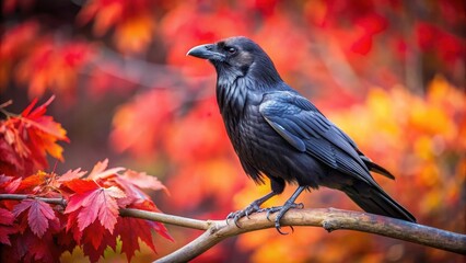 Fototapeta premium A majestic raven perched on a branch with dark red feathers background , autumn leaves, nature, autumn leaves, nature, tree