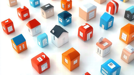 Colorful miniature houses arranged in playful pattern, showcasing various designs and colors. This vibrant collection represents creativity in property technology and design