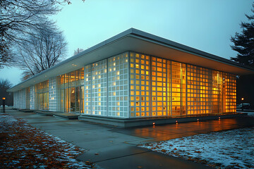 Fototapeta premium Modern glass building illuminated at dusk, snow on ground.