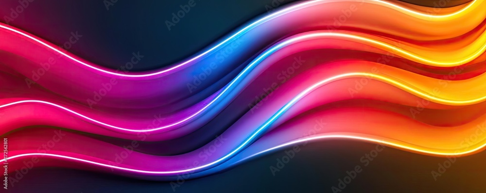 Poster Neon abstract background idea. Vibrant abstract wave lines in colors pink, blue, and orange creating a dynamic background.