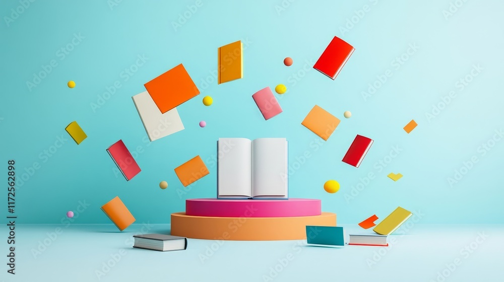 Aufkleber creative display of colorful books and floating pages in a minimalist setting for educational and li