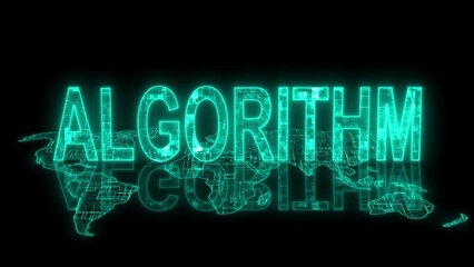 3d algorithm text technology earth map cyan glow