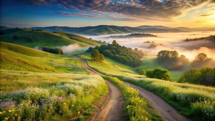 Rolling hills covered in lush greenery and wildflowers