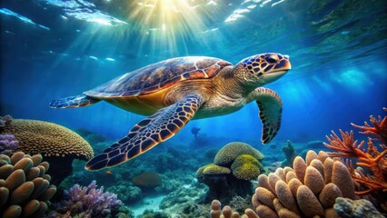 Sea turtle swimming in the ocean, oceanic environment, coral reef,  oceanic environment