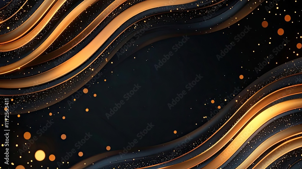 Poster Glitter abstract background concept. Elegant abstract design with flowing golden waves and sparkling bokeh on a dark background.