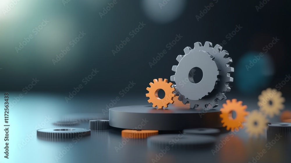 Aufkleber industrial concept of gears and cogs on a dark surface with soft focus background highlighting mecha