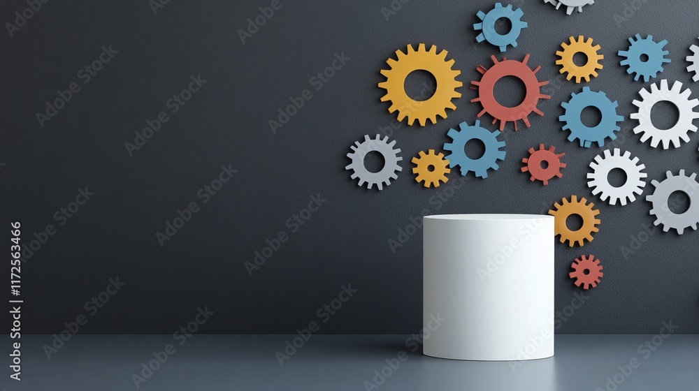 Poster abstract background with colorful gears on dark wall and a round pedestal for display, perfect for p