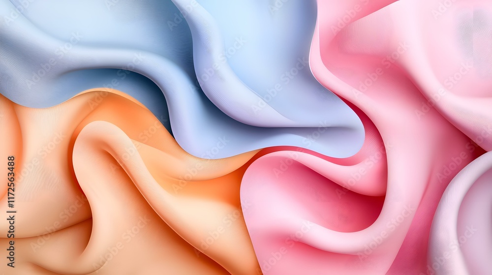 Poster the image contains abstract swirls of pastel-colored fabric in shades of pink, peach, and light blue