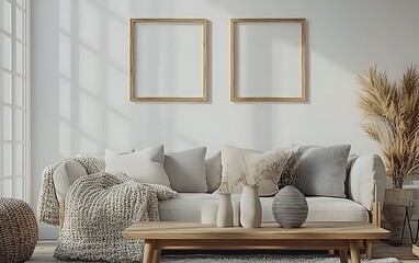 Cozy living room interior, sunlight,  minimalist decor, wooden furniture, relaxing atmosphere.