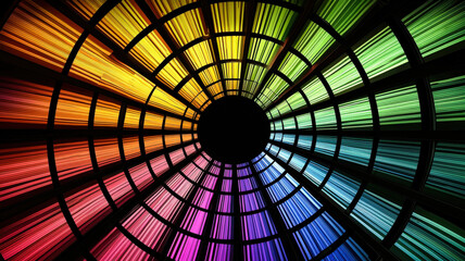 A mesmerizing sunburst diagram showcases glowing, radiant segments in multicolored gradients, elegantly displayed against a minimalist black digital grid