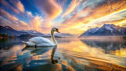 Majestic swan floats serenely on a tranquil lake, reflecting vibrant colors of sunset with surrounding mountains in the background, creating breathtaking views , artistic landscape, mountains
