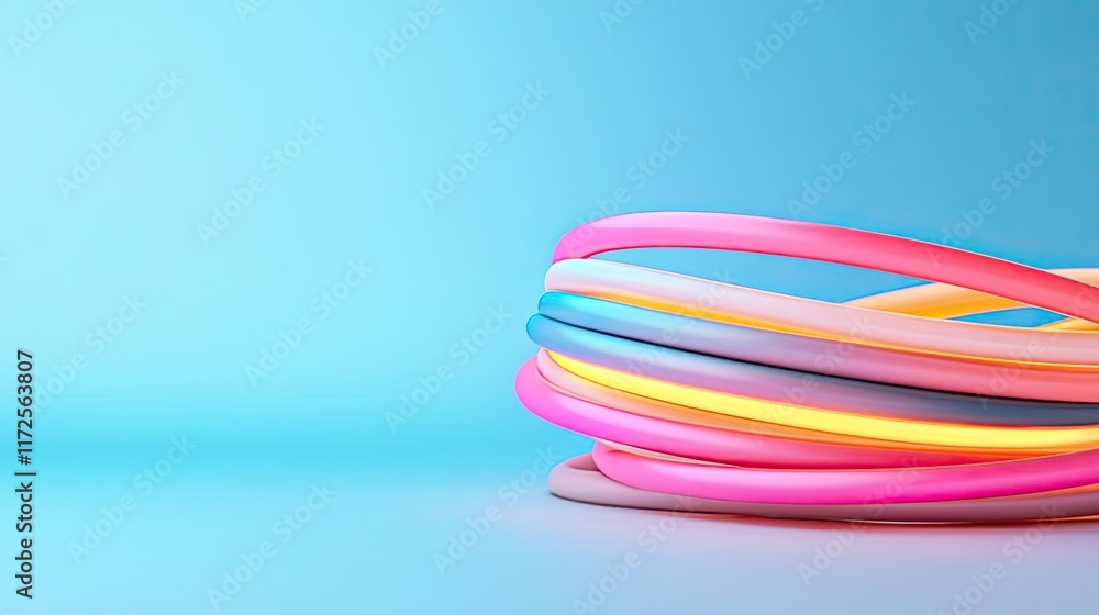Poster neon abstract background idea. colorful hula hoops arranged creatively on a light blue background.