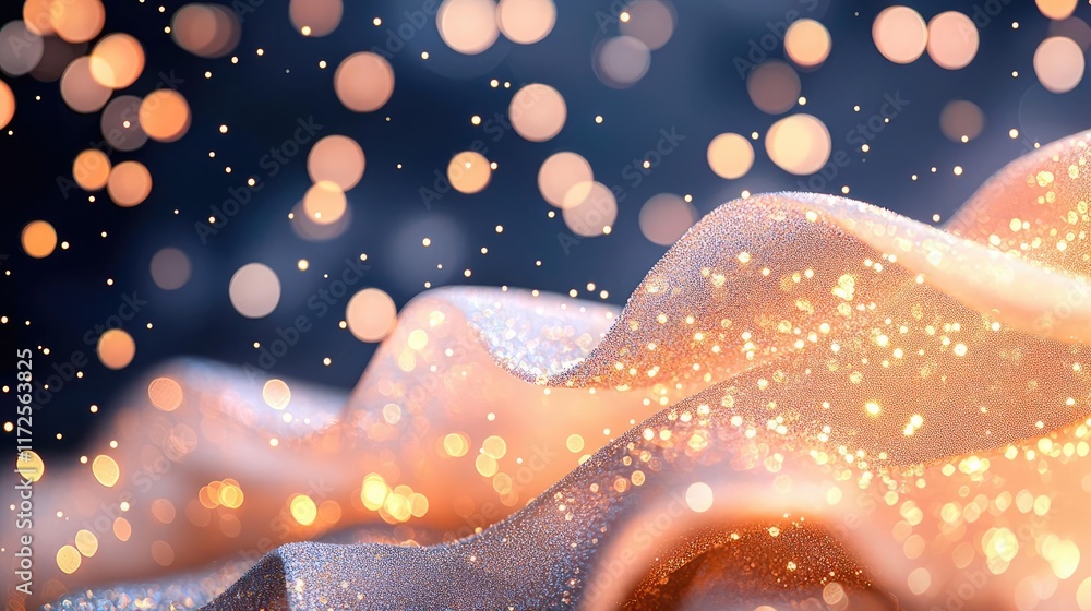 Poster Glitter abstract background concept. Shimmering fabric with bokeh lights creating a dreamy, enchanting atmosphere.