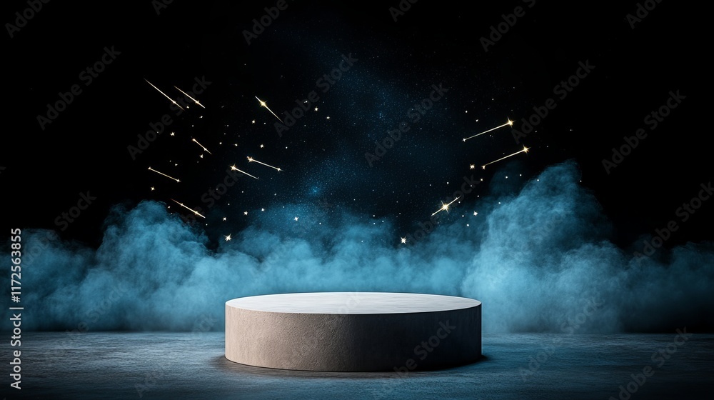 Poster modern minimalistic display podium illuminated by dramatic lighting with mystical fog and sparkling 