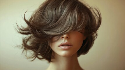 Naklejka premium A model girl with a unique avant-garde hairstyle resembling flowing waves stands on a minimalistic beige background.