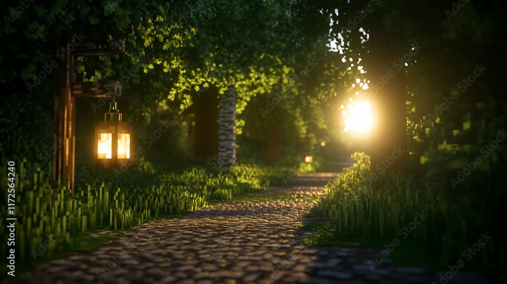 Aufkleber sunlit cobblestone path through a lush forest with hanging lanterns.