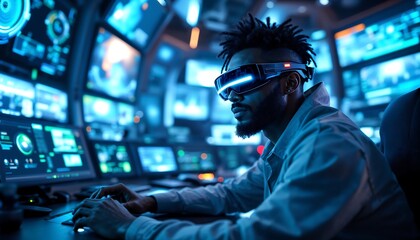 Futuristic Black Man in High-Tech Control Room with Volumetric Octane Render, Detailed Video Game Character Wearing Glowing Sensor Glasses