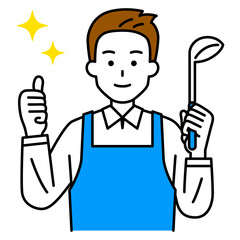 おたまを持ってグッドサインをするエプロン姿の男性