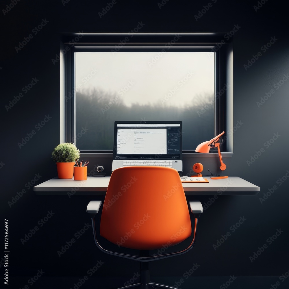 Poster modern workspace with orange accent chair and elegant desk in a minimalist office setting overlookin