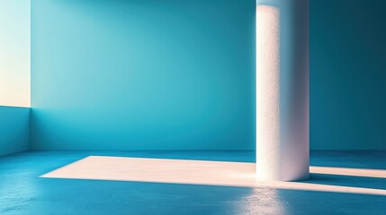 Minimalist Teal Room with White Column and Sunlight