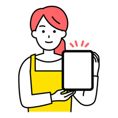 タブレットの画面を見せるエプロン姿の女性