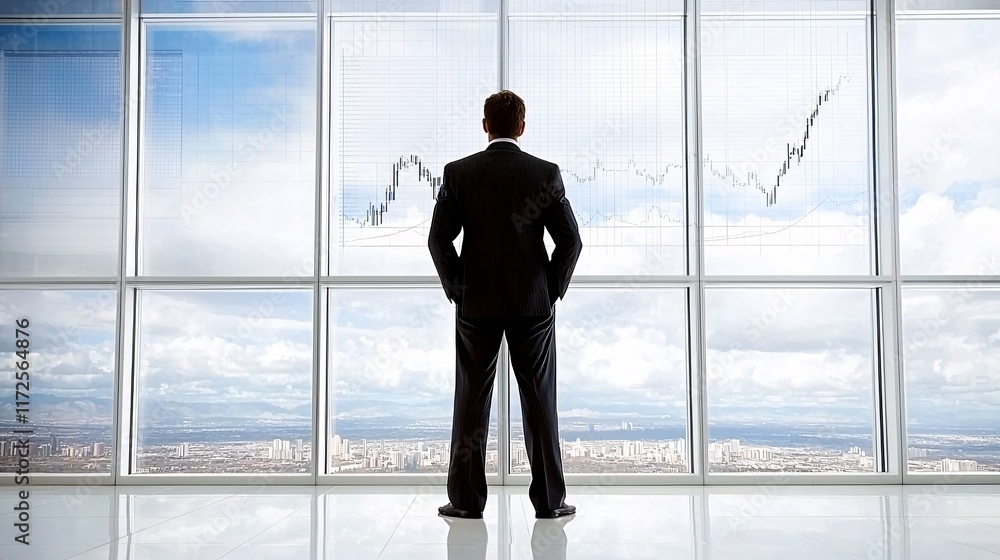 Poster a businessman in a suit standing before a panoramic window with financial graphs overlaying the view
