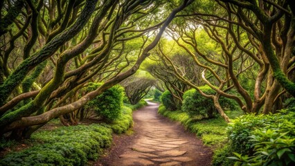 A winding path leads through a dense thicket of overgrown foliage and twisted tree branches in an ancient labyrinth , Labyrinth, Vines