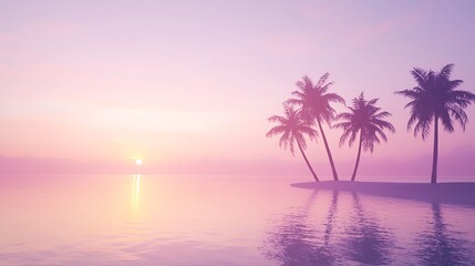 Serene Tropical Sunset: Captivating tranquility of a tropical island bathed in the warm hues of sunset, the scene showcases palm trees casting reflections on the calm water surface.