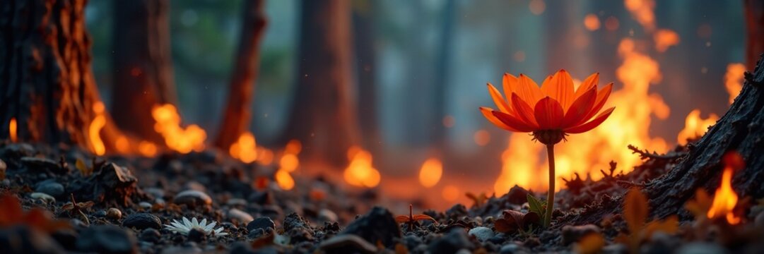 Burning forest with a blooming flower amidst the inferno, forest fire, nature, destruction