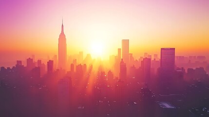 Fototapeta premium Urban Sunrise: The iconic cityscape of a bustling city silhouetted against a breathtaking sunrise, the sun's rays casting a warm golden glow over the skyscrapers and buildings.